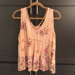 Cute pink floral ruffled sleeveless blouse